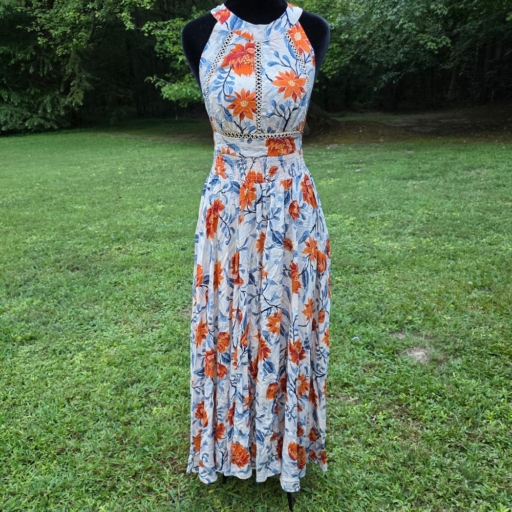 Altar'd State Floral Halter Maxi Dress White Orange Blue Women Small Boho Summer